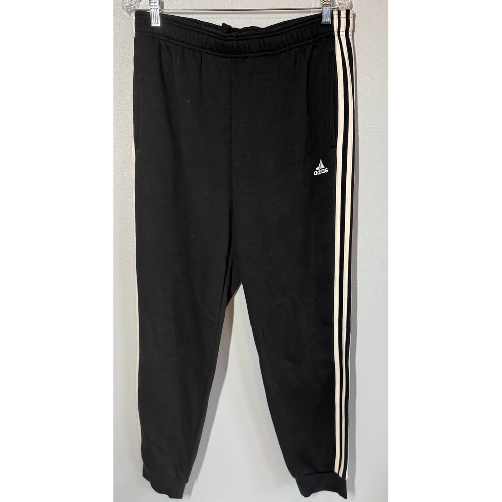 Adidas Mens Black White 3-Stripe Knit Fleece Joggers Sweatpants Sz‎ L Activewear